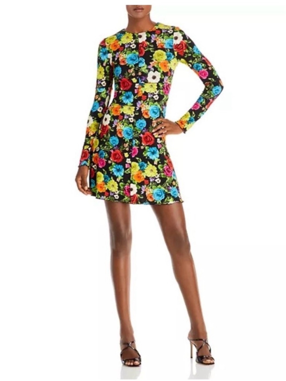 Alice and Olivia Floral Long-Sleeve A-Line Dress - Black Multi Size Small